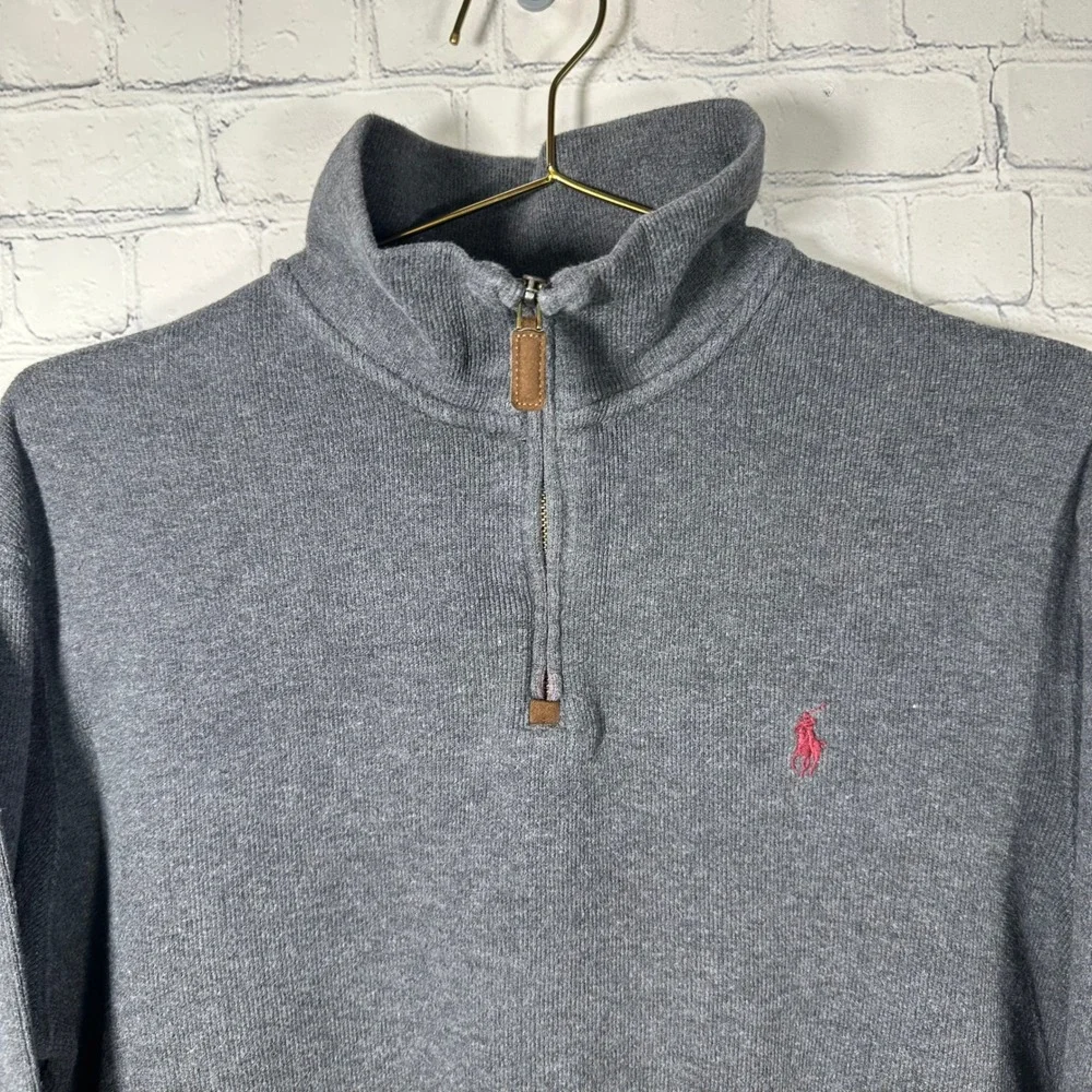 Polo Ralph Lauren Mens Quarter Zip Pullover Sweater Gray Cotton Red Pony Logo M